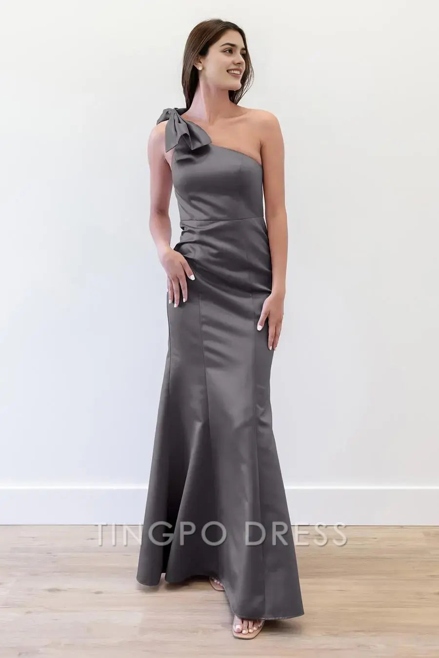 TingPo Wholesale Elegant Slanted shoulder butterfly condensation back tight zipper straight tube skirt and floor mop skirt formal women's dress